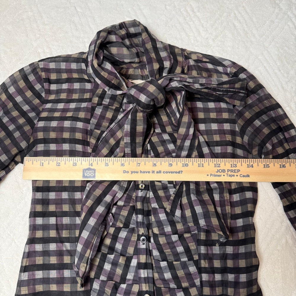 Dark Academia Preppy Billy Reid Sheer Plaid Tie Neck Blouse Size 2 Flawed - Picture 4 of 8